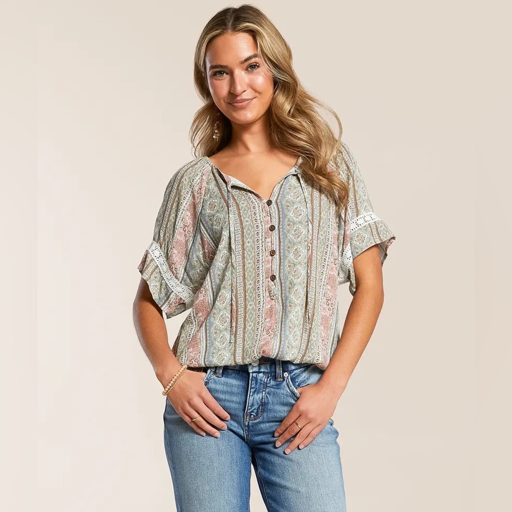 Daytrip Striped Boho Blouse in Blush, Sage & Cream